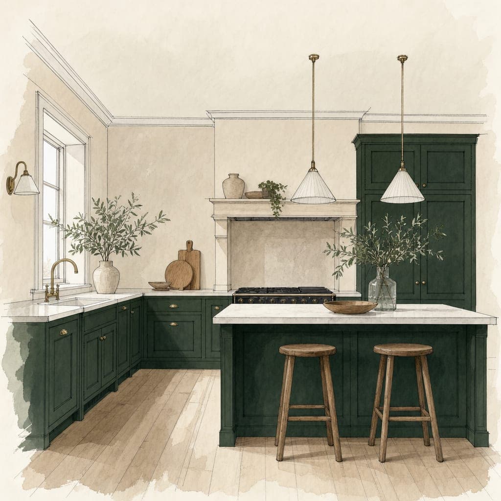 A watercolour and pencil drawing of a dark green kitchen