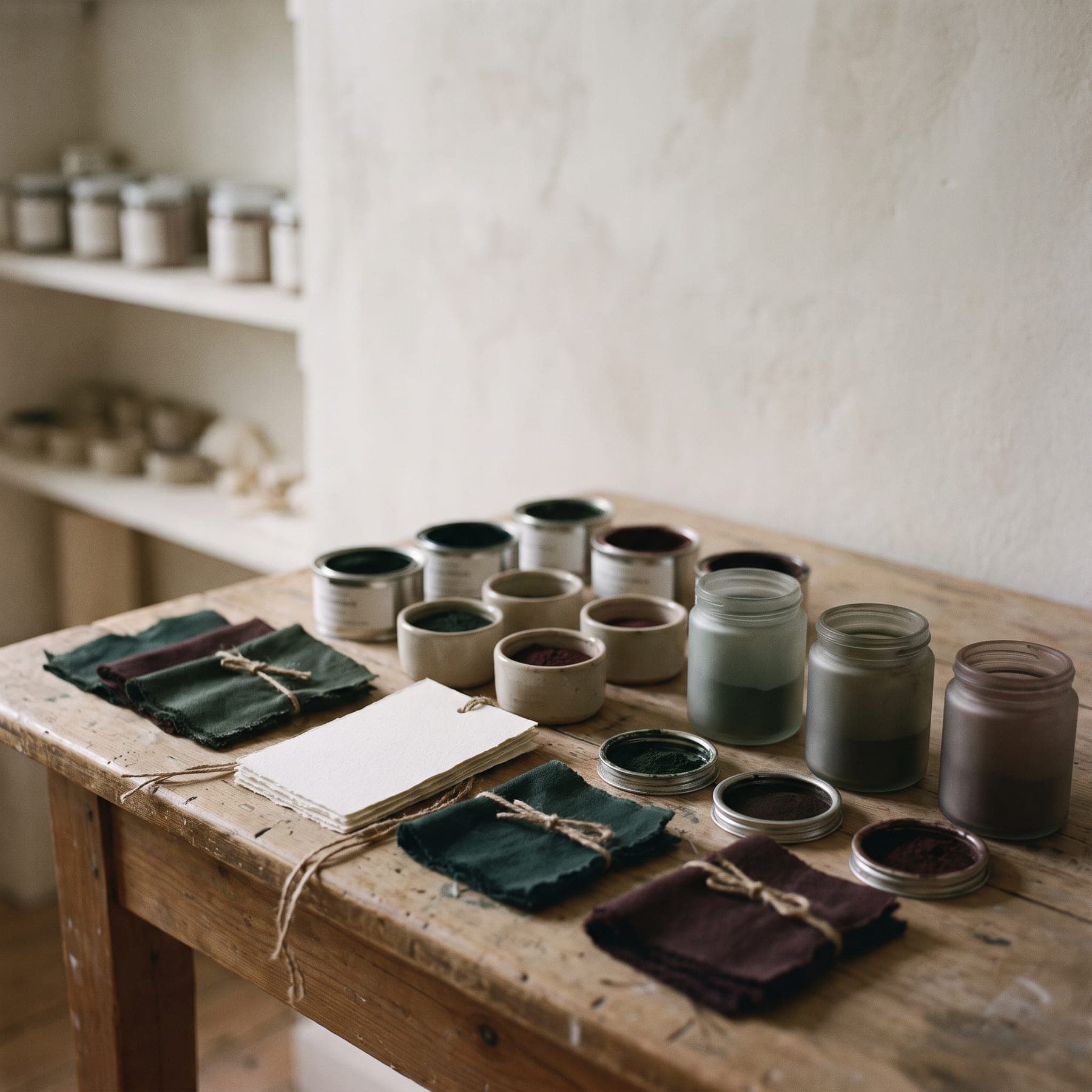 Pigment jars and folded cloth on a scrubbed wooden table in daylight