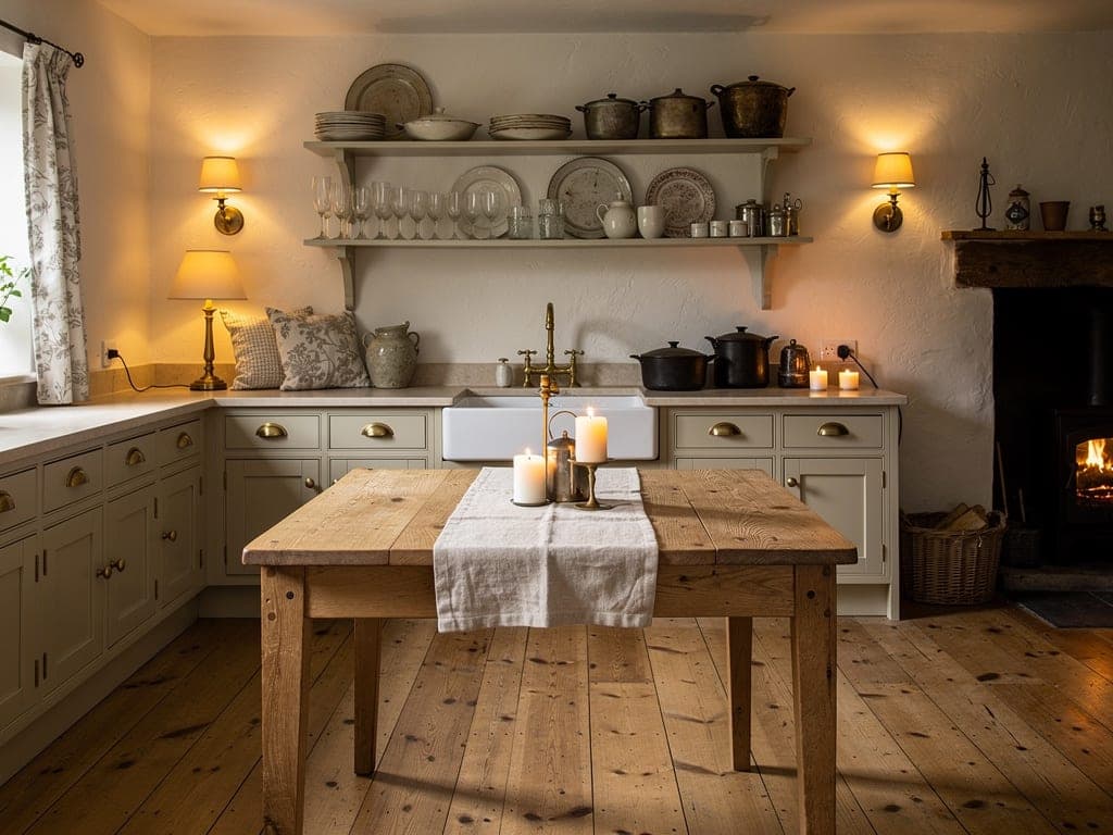 The same kitchen by lamplight and candles, the stove lit