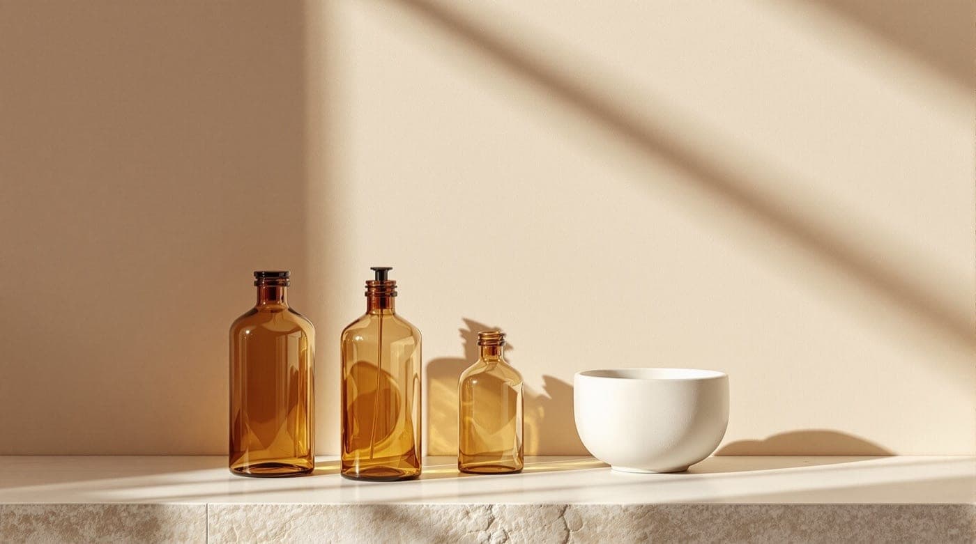 Three amber glass bottles and a white bowl on a stone shelf in raking daylight