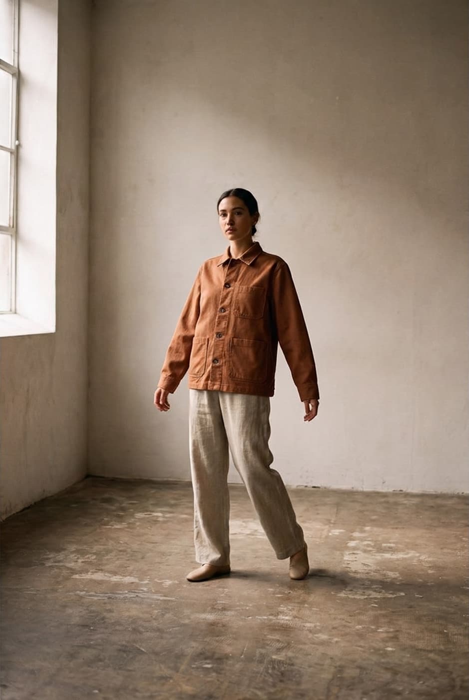 A person in a plaster-walled room wearing the rust chore jacket