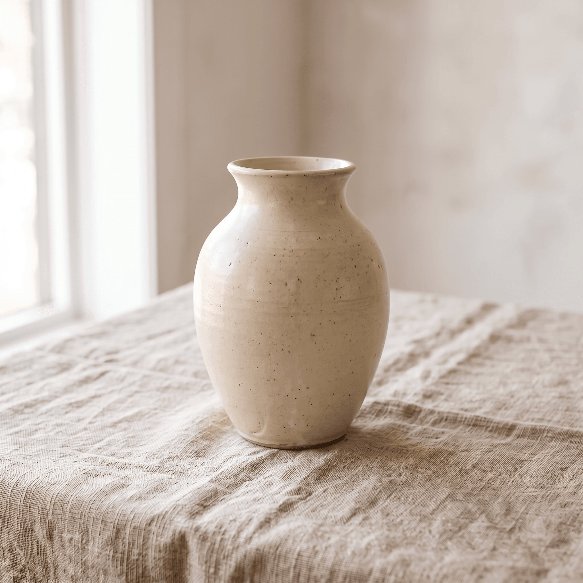 A cream ceramic vase on a linen cloth, first variation